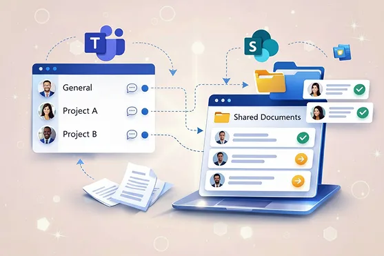 Microsoft Teams tenant-to-tenant migration illustrating channel-to-SharePoint site mapping with structure and permission preservation during cutover