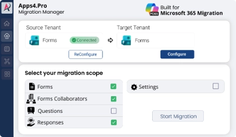 Microsoft Forms migration setup for connecting source and target tenants across Office 365 tenants. 