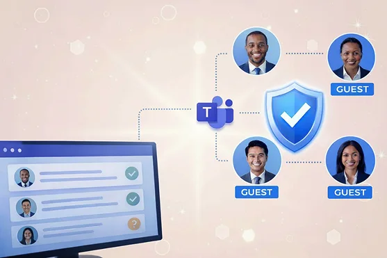 Microsoft Teams tenant-to-tenant migration illustrating user identity mapping, team membership validation, and external guest access verification