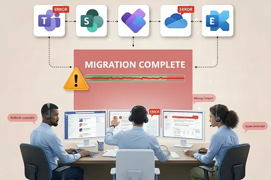 Post-cutover Microsoft Teams migration validation showing service dependency risks across Exchange Online, SharePoint Online, OneDrive, and Planner