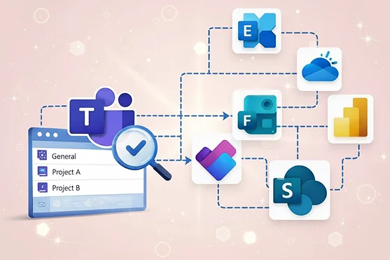 Microsoft Teams tenant-to-tenant migration illustrating user identity mapping, team membership validation, and external guest access verification