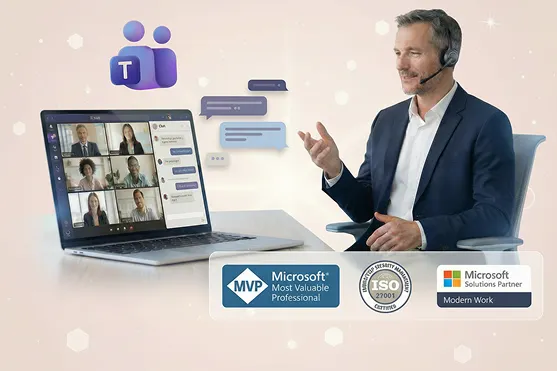 Professional Microsoft Teams tenant-to-tenant migration assessment session led by certified migration consultant using Teams meeting interface