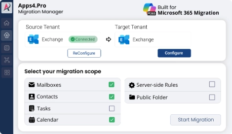 Microsoft 365 mailbox migration setup connecting source and target tenants for Exchange Online Mailbox tenant migration