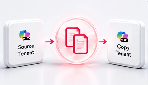 Microsoft 365 tenant copy migration showing secure data transfer from source tenant to copy tenant