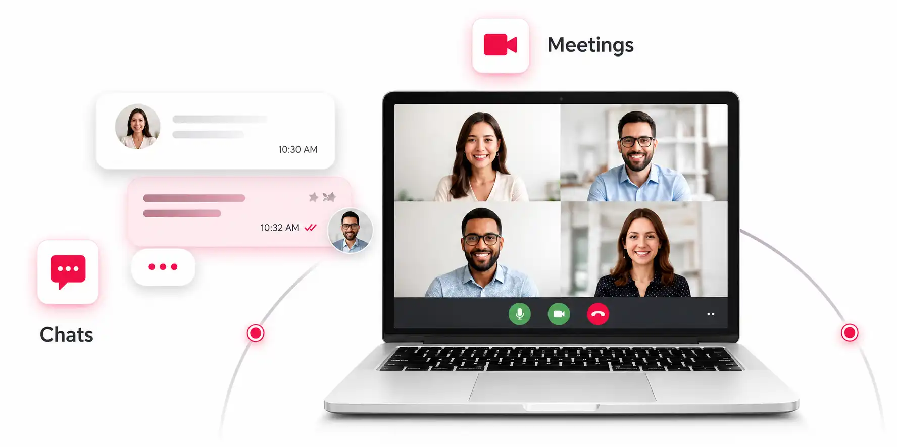 Visual showing Microsoft Teams collaboration with chats, meetings, shared files, and permissions connected together, representing preserved collaboration history during Microsoft 365 migration.