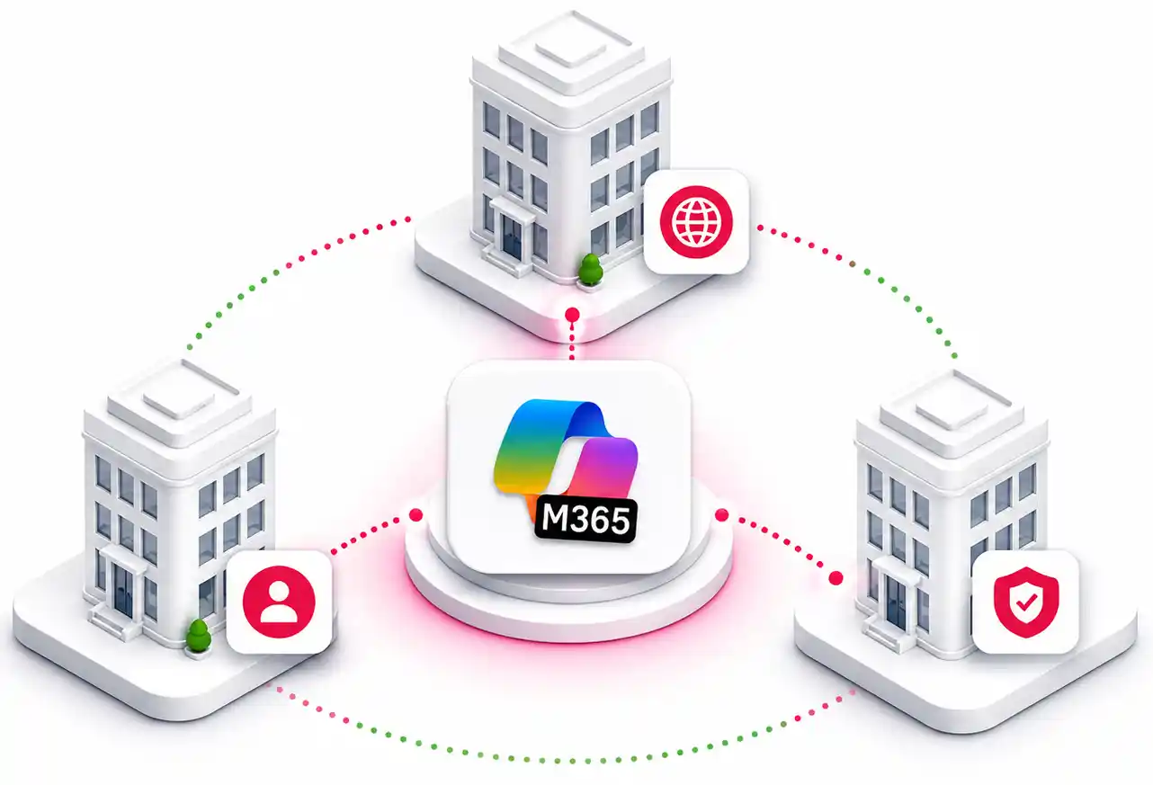 Visual showing multiple Microsoft 365 tenant buildings connected to a central M365 hub, representing different domains, identities, and permissions managed during tenant migration.