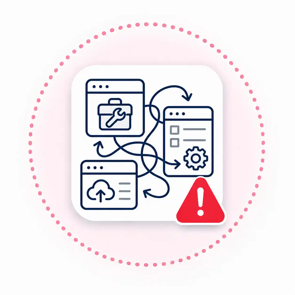 Complex application integration warning representing migration dependency and workflow challenges.