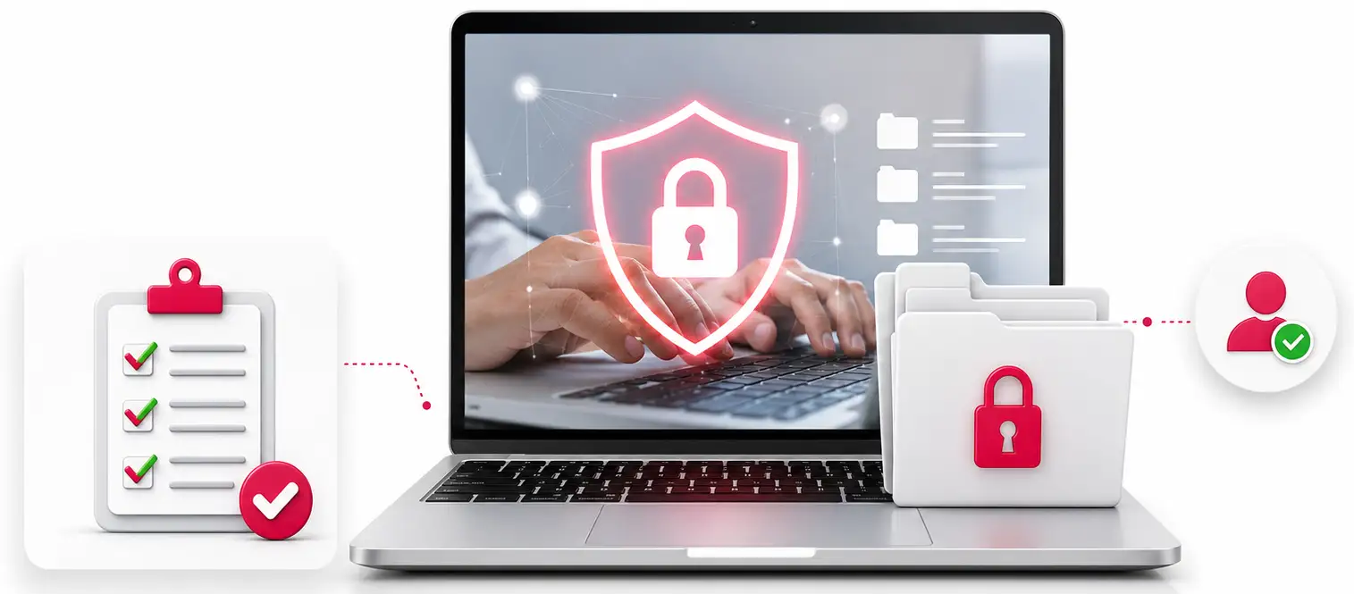 Visual showing secured business documents on a laptop with a lock and compliance checklist, representing sensitive business data protection, legal separation, compliance, and restricted access during migration.