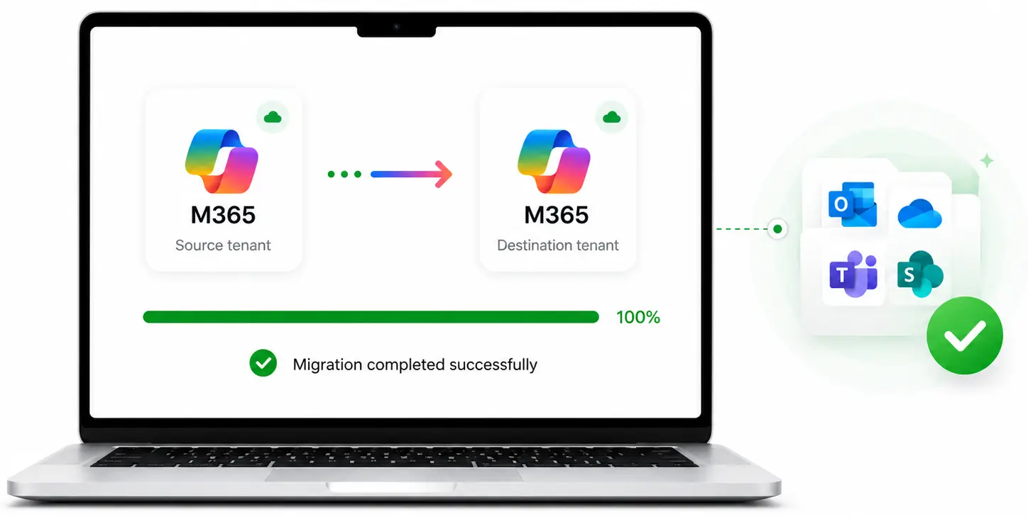 Visual showing a standard Microsoft 365 migration dashboard with mailboxes, files, Teams, and SharePoint data moving to a new tenant, representing completed data transfer.