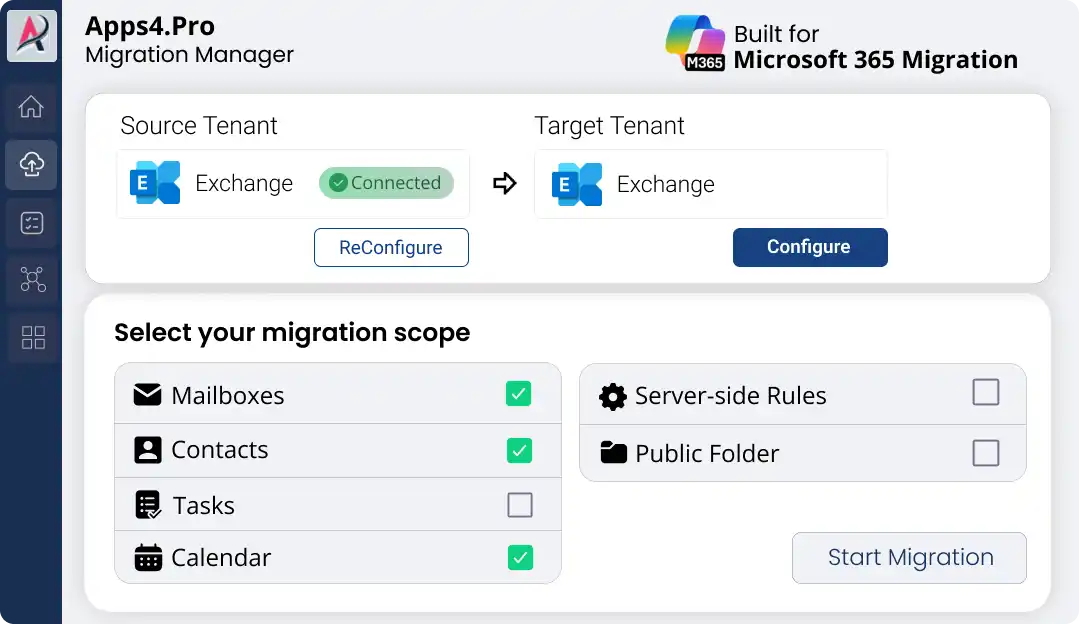 Microsoft 365 Exchange migration tool setup connecting source and target tenants for Exchange Online migration.