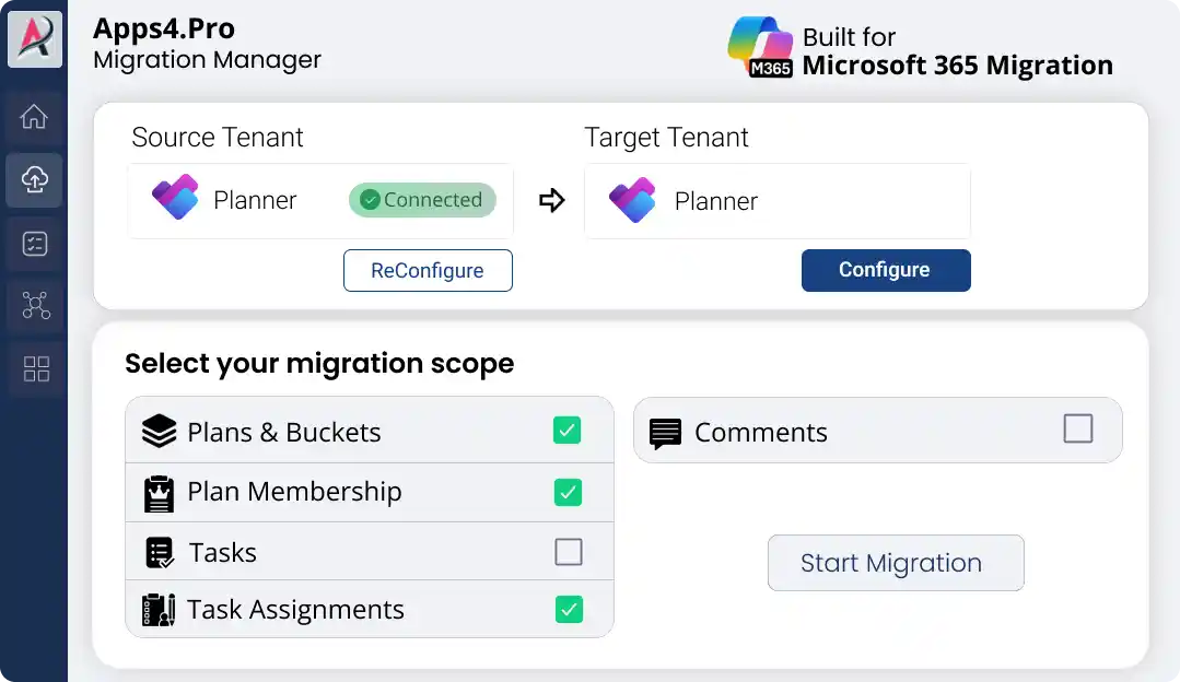 MS Planner migration setup connecting source and target tenants for Planner tenant to tenant migration.