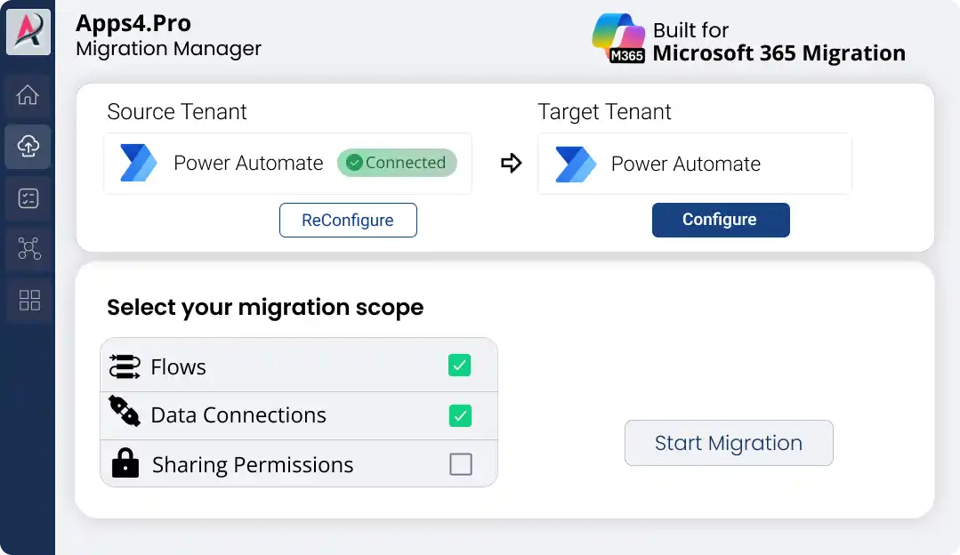 Power Automate flow migration setup connecting source and target tenants in Microsoft 365 tenant migration