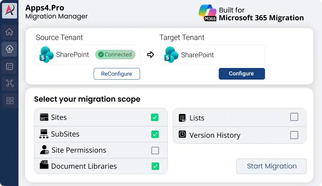 Microsoft 365 SharePoint migration Manager setup connecting source and target tenants for tenant-to-tenant migration